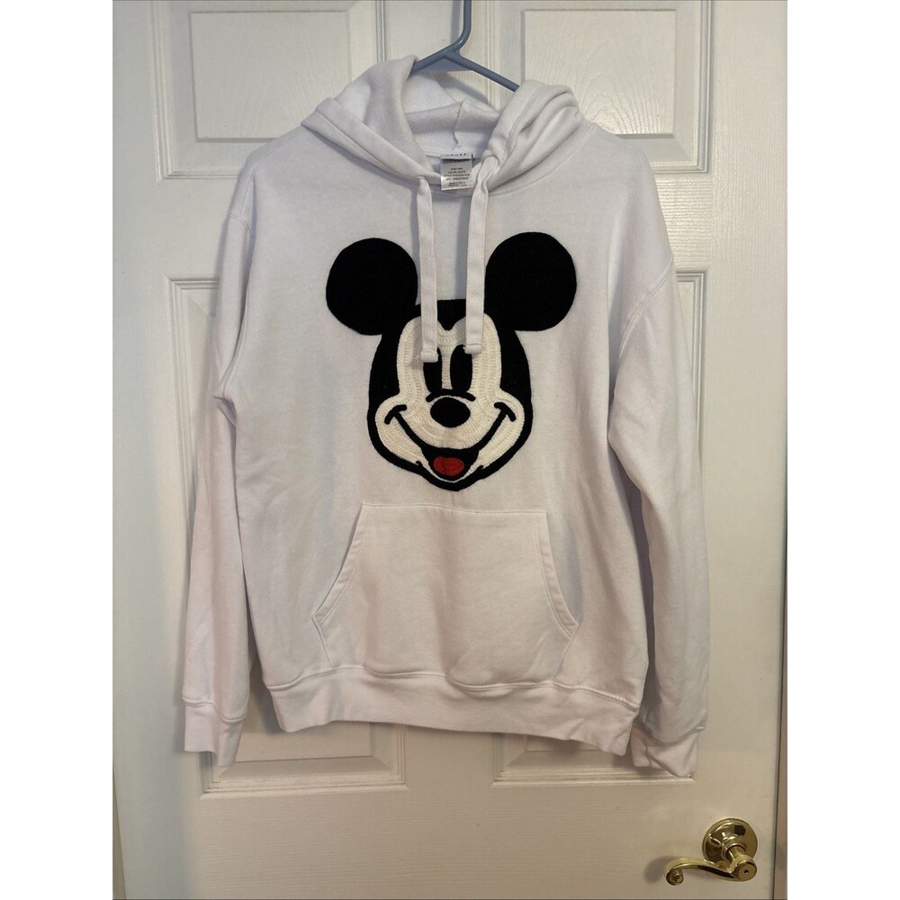 Disney Mickey Mouse White Pullover Sweatshirt Hoodie Crochet Patch Face, Size M